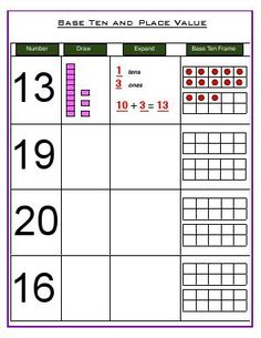 the base ten and place value worksheet is shown with numbers in each column