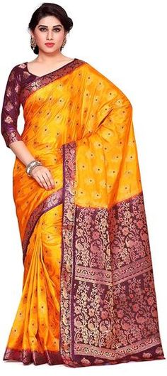 Yellow color Saree in Kanchipuram Silk, Silk fabric with Weaving, Zari work Traditional Churidar With Pallu For Puja, Traditional Drape Churidar With Pallu For Puja, Puja Brocade Saree With Pallu, Brocade Saree With Pallu For Puja, Yellow Art Silk Churidar With Cutdana, Yellow Brocade Traditional Wear With Pallu, Festival Banarasi Silk Churidar With Meenakari, Art Silk Churidar With Meenakari For Festivals, Traditional Banarasi Silk Churidar With Meenakari