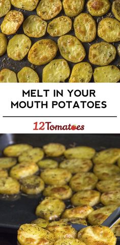 some food is being cooked on a grill with the words melt in your mouth potatoes