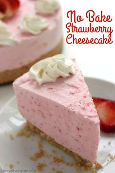 no - bake strawberry cheesecake on a plate with strawberries