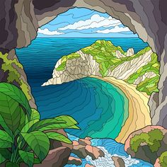 a stained glass window depicting the ocean and mountains with waves coming out of it's cave