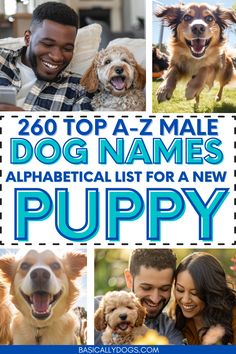 the cover of dog names alphabet list for a new puppy, with pictures of puppies