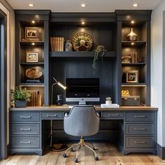 Home Office Built Ins With Desk Around Window, Bookshelves With Desk Built In, Built In Desk Bookcase, Built In For Office, Desk With Built In Bookshelves, Small Home Office Built Ins With Desk, Mens Home Office Inspiration, Built In Bookshelves And Desk, Desk With Bookshelves On Each Side