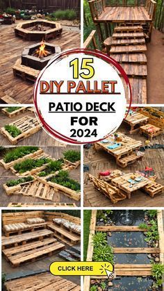 the cover of diy pallet patio deck for 2012 is shown in several different pictures