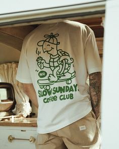 Slow Sundays Off White Graphic T-Shirt | Men's T-Shirts – P&Co USA White T Shirt Graphic, T-shirt Company, Men’s Graphic T Shirts, Drawn On Shirt, Hand Drawn T-shirt Design, Screen Print Tee, Merch T Shirt Design, Screen Print Tshirt Design, T Shirt Design Ideas Screen Printing