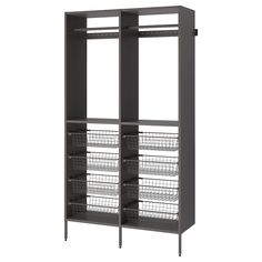 a gray metal cabinet with baskets on the top and bottom shelves, against a white background