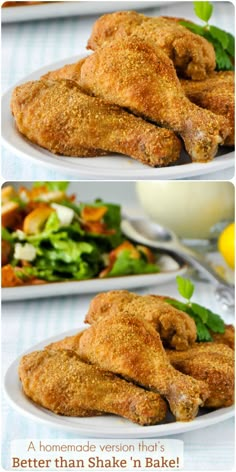 two plates with chicken wings on them and salad in the middle, one has lettuce