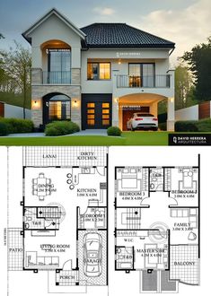 two story house plan with garage and living room