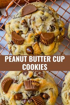 peanut butter cup cookies on a cooling rack with chocolate chips and candy bars in the middle