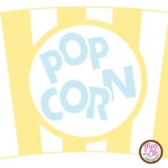 the word pop corn is in front of a striped yellow and white background with blue letters