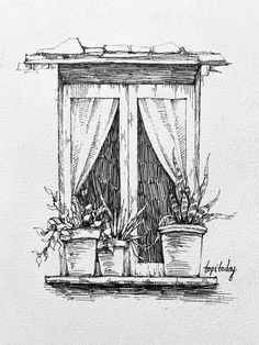 a drawing of an open window with potted plants