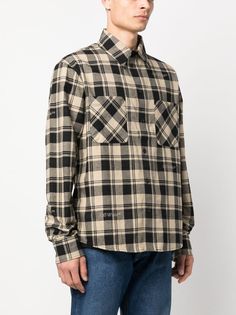 Cotton shirt by OFF WHITE featuring checked texture, two chest pockets, button closure, long sleeves and logo. This item is in size S and the color is Plaid Button-up Shirt With Welt Pockets, Plaid Button-up Top With Welt Pockets, Plaid Cotton Shirt With Welt Pockets, Plaid Cotton Tops With Patch Pockets, Mens Flannel Shirt, Leather Cap, White Beige, Shirt Sale, Denim Pant