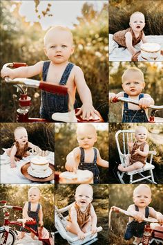 a collage of photos with a baby sitting in a chair and holding a cake