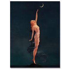 a painting of a woman reaching up to the moon