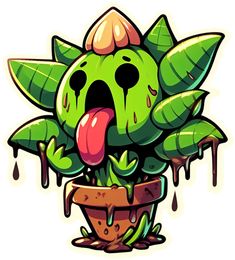 a green plant with its tongue out and dripping water on it's face, sitting in a pot