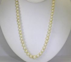 This is an antique 18 inch long pearl necklace with a 10K white gold filigree safety clasp. The necklace consists of sixty-nine (69) round, beautifully matched, cream color, genuine cultured pearls graduating from 5 MM to 8.7 MM with low luster and natural surface imperfections. The single strand necklace is easy to wear and beautiful when paired with a favorite suit, sweater or blouse. The necklace has been lightly cleaned, weighs 29.6 grams and the clasp is marked, tested and guaranteed 10K. It might also make a great gift for that someone special with a June birthday as that month's birthstone is the pearl. 16114 Classic Cream Pearl Chain Necklace, Cream Pearl Necklace For Formal Occasions, Formal Cream Pearl Necklace, Classic Cream Pearl Necklace, Classic Cream Necklace For Anniversary, Classic Cream Necklaces With Round Beads, Formal Single Strand Cream Pearl Necklace, Formal Cream Single Strand Pearl Necklace, Long Beach Ny