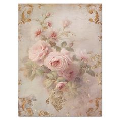 a painting of pink roses in a vase on a white and gold background with swirls