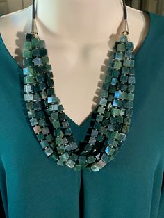 "Five strand green semi-precious beaded necklace.  78\" long.  leather tie back.  Adjustable length.  Pre-owned.  Great condition.  Free Shipping." Green Multi-strand Beaded Necklace With Natural Stones, Formal Green Beaded Necklace With Faceted Beads, Formal Green Faceted Beaded Necklaces, Elegant Handmade Green Long Necklace, Formal Green Single Strand Beaded Necklace, Elegant Green Beaded Necklace With Large Beads, Diy Jewelry Making Tutorials, Leather Tie, Green Square