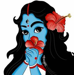 a woman with blue face and red flowers in her hair is holding a flower up to her mouth