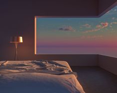 a bedroom with a large window overlooking the ocean at sunset or sunrise, as seen from bed