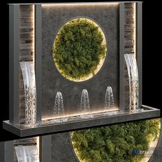 an artistic rendering of a fountain with water flowing from it's sides and surrounded by greenery