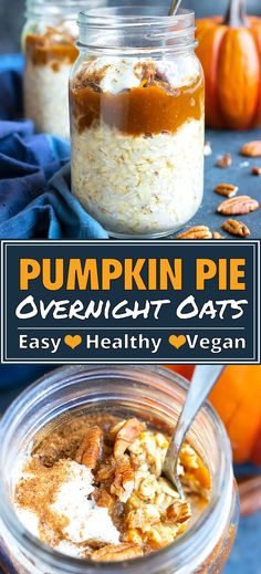 Pumpkin Overnight Oats are a vegan, gluten-free, and healthy Fall breakfast option. This quick and easy recipe is made the night before and can be eaten either cold right out of the fridge or warmed up. Made with pumpkin puree, pie spice, maple syrup, and cashew or almond milk. This easy meal prep breakfast recipe is vegan, gluten-free, vegetarian, and can be prepped ahead for an easy grab-and-go recipe. #pumpkin #vegan #glutenfree #fall #breakfast #overnightoats #oatmeal #oats Easy Meal Prep Breakfast, Pumpkin Pie Overnight Oats, Easy Oatmeal Recipes, Pumpkin Overnight Oats, Vegan Overnight Oats, Oat Recipes Healthy, Prep Breakfast, Overnight Oats Recipe Healthy, Easy Oatmeal