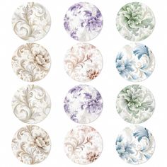 six different colored plates with floral designs on them