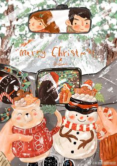 an illustration of two snowmen in front of a car with the words merry christmas written on it