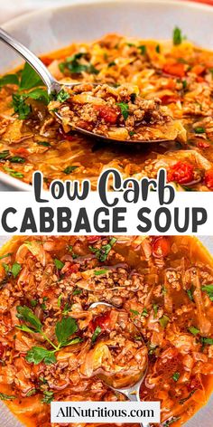 low carb cabbage soup in a white bowl with spoons and title above it