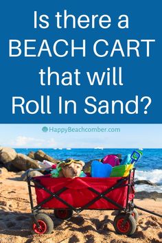 a dog in a beach cart with the words, is there a beach cart that will roll in sand?