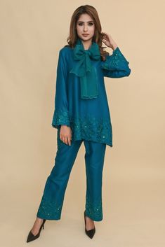 TEAL-BLUE CO-ORD SET – INCHING INDIA #womenofinching #organza #coordsets #tealblue #embroidery #monotoneoutfits #indowestern Stylish Coordsets, Intricate Embroidery Palazzo Set In Raw Silk, Silk Pant Set With Dupatta And Long Sleeves, Eid Straight Kurta With Resham Embroidery, Eid Resham Embroidery Kurta With Straight Pants, Embroidered Silk Blue Palazzo Set, Festive Cotton Silk Pant Set With Chikankari Embroidery, Organza Coordsets, Unstitched Salwar Kameez For Eid With Straight Pants