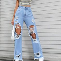 Light Wash Ripped Jeans, Petite Length Boyfriend Jeans Kids, Cute Baggy Ripped Jeans, Cute Jeans For Women, Boyfriend Jeans Outfit Summer, Monster Cosplay, Ripped Baggy Jeans, Baggy Ripped Jeans, Light Blue Ripped Jeans, Girls Ripped Jeans