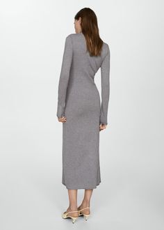 Knitted Perkins neck dress - Woman | MANGO USA Womens Knit Dresses, Long Sleeve Knit Dress, Tailored Design, Nordstrom Dresses, Long Sleeve Knit, High Collar, Knit Dress, Mock Neck, Heather Grey