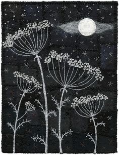 an image of a black and white drawing with flowers in the foreground at night