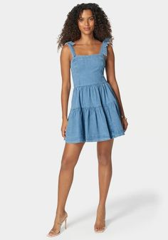 Bow Detail Fit And Flare Denim Dress | bebe White Dress Accessories, Romantic Date Night, Dress Light Blue, Romper And Jacket, Bandage Dress Bodycon, Romantic Date, Bebe Dresses, Denim Flares, Flared Skirt