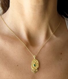 Boho gold necklace 9k 14 k Solid gold necklace with green emerald May birthstone, Yellow gold necklace, Delicate Pendant, Gift for her This solid gold necklace has a rustic textured and is set with a natural green emerald. The pendant has a delicate granulation all around it. This pendant is delicate but has a lot of character, and will upgrade any outfit you'll wear, for everyday use, as for special occasions The pendant can be ordered without the chain too. An excellent choice for anniversary Gold Plated Emerald Necklace As A Fine Jewelry Gift, Fine Jewelry 14k Gold Necklaces With May Birthstone, Gold Plated Green Emerald Necklace, Gold Plated Emerald Necklace In Fine Jewelry Style, Gold Plated Emerald Necklace Fine Jewelry, Green Round Gold Plated Emerald Necklace, 14k Gold Necklace For May Birthstone, Fine Jewelry, Fine Jewelry Gold Emerald Necklace With Delicate Chain, Gold Emerald Necklace With Delicate Chain, Fine Jewelry