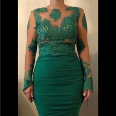 Stunning Beautiful Long Sleeve Green Evening Gown. Featuring A Lace Top, Fitted Body Con Bottom And Open Back. Was Never Worn - Brand New. Size 10 Green Fitted Long Sleeve Evening Dress, Fitted Mother Of The Bride Dress With Lace Sleeves, Fitted Long Sleeve Evening Dress With Lace Bodice, Green Dress With Lace Bodice And Fitted Bodice, Green Dress With Lace Fitted Bodice, Fitted Green Dress With Lace Bodice, Green Dress With Fitted Lace Bodice, Green Long Sleeve Dress With Fitted Bodice, Green Long Sleeve Prom Gown