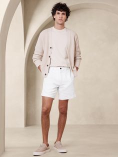 Cool and crisp even in the warmest weather, our signature linen shorts are crafted with 100% linen, a fabric we love for its ability to stay breathable and soft even in heat and humidity.  Mid-rise, slim leg.  Zip fly with button closure.  Front and back pockets.  Unlined.  Mid-rise, slim leg.  Inseam: Regular 7" Model: Size 32, 6'2" (188cm). Mens Wedding Attire, Men Cream, Boating Outfit, Mens Casual Dress Outfits, Corduroy Shorts, Classy Men, Professional Attire, Linen Short, Mens Casual Dress