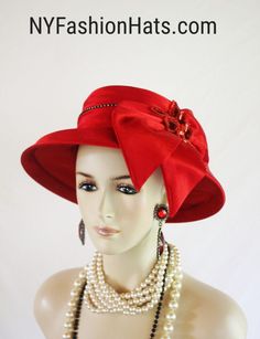 Women's Red And Black Custom Made Couture Satin Formal Designer Fashion Hat. This Elegant Dress Hat Is Embellished With A Large Satin Bow And A Large Sequin Applique. A Row Of Clear Acrylic Black Encased Rhinestones Encircle The Upper Portion Of The Crown Crown Measures 22.5". Standard Sized Fits Most Women Condition Is New Custom Made This Formal Satin Luxury Hat Is Suited For Weddings, Formals, Church, Shabbat, Mother Of The Bride Or Groom, Formal Special Occasion Events And Winter Holidays. A Bespoke Hats, Large Brim Hat, Royal Ascot Hats, Veiled Hats, Couture Hats, Luxury Hats, Large Sequins, Bridal Hat, Wedding Church