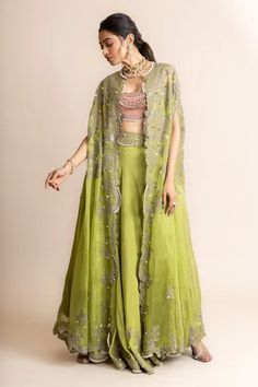 Shop for Nupur Kanoi Green Organza- Georgette Embroidered Border Long Cape And Sharara Set for Women Online at Aza Fashions Fusion Wear Indian Western, Long Cape Dress Indian, Green Outfit For Mehendi Function, Jacket Variation, Cape Dress Indian, Mehendi Ceremony Outfits, Green Suit Women, Nupur Kanoi, Function Dress