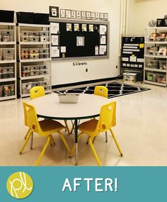 an empty classroom with yellow chairs and a white table