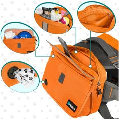 an orange dog carrier with instructions on how to pack it and what to put in it