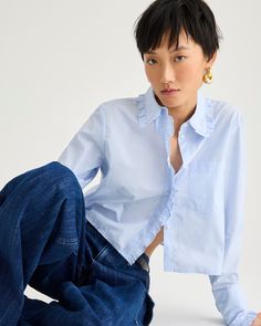 J.Crew: Ruffle-trim Button-up Shirt In Cotton Poplin For Women Poplin Top, The Land, Ruffle Trim, Cotton Poplin, Fashion News, Shirts Tops, Button Up Shirts, J Crew, Shirt Blouses