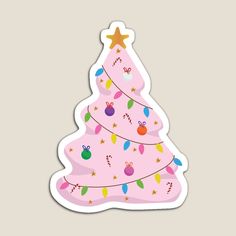 a pink christmas tree sticker with candy canes and stars on the top, against a light gray background