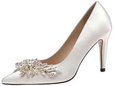 Elegant Satin Wedding Shoes, Satin Closed Toe Wedding Shoes, Wedding Shoes With Rhinestones, Elegant Crystal Wedding Shoes, Elegant Wedding Heels With Rhinestones, Elegant Rhinestone Wedding Heels, Elegant Fitted Bridal Accessories With Rhinestones, Elegant Embellished Wedding Shoes With Crystal, Elegant White Satin Wedding Shoes