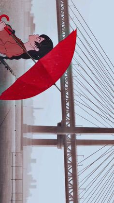 a woman holding an umbrella in front of a tall building on a bridge over looking the water