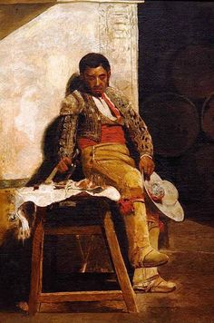 a painting of a man sitting on top of a wooden stool next to a wall