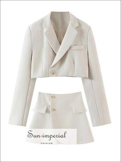 Women Beige Two Piece Skirt Set with Cropped Blazer Jacket and Wrap Mini blazer skirt set Work Outfits Frauen, Blazer And Skirt Set, White Two Piece, Cropped Blazer Jacket, Women Blazer, Rock Outfit, Wrap Mini Skirt, Blazer And Skirt, Miniskirt Outfits