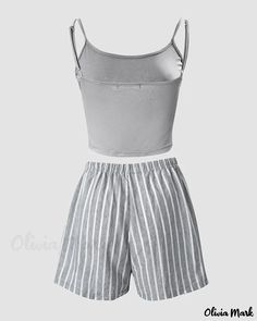 Olivia Mark - Striped Letter Print Camisole & Shorts Set Camisole Set, Cami Set, U Neck, Two Piece Outfit, Olivia Mark, Letter Print, Women Lingerie, Short Sets, Letter Prints