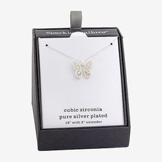 Included: 1 Necklace(s)Features: In A Gift Box, Nickel FreeJewelry Closure: Lobster ClaspLink Construction: SemisolidShape: ButterflyStone: Cubic ZirconiaStone Cut: RoundMetal Color: Silver ToneChain Length: 16 InchChain Width: 1.5 MillimetersExtender Length: 2 InchPendant Length: 25mmPendant Width: 14.5mmMetal: Pure Silver Over BrassChain Construction: LinkCare: Polishing ClothStone Type: 11 Cubic ZirconiaCountry of Origin: Imported Butterfly Pendant Necklace, Butterfly Pendant, Pure Silver, Silver Plate, Cubic Zirconia, Gift Box, Sparkle, Pendant Necklace, Brass